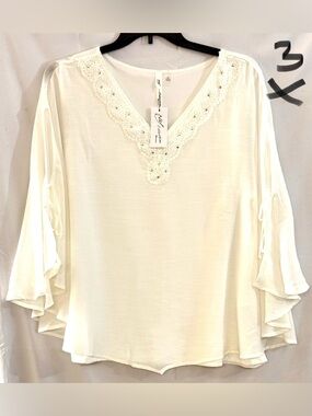 NY Collection Cream Crochet-Trim V-Neck Flowing Tunic